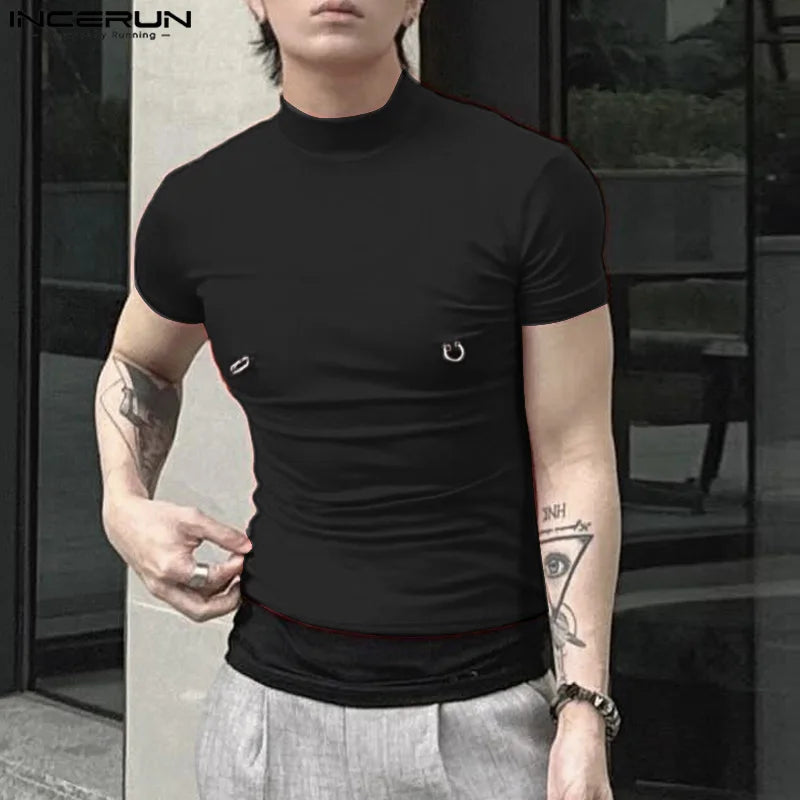 Sexy Fashion Style Tops INCERUN Men Half High Neck Mesh Loop Buckle T-shirts Casual Male Solid Short Sleeve Tight Camiseta S-5XL