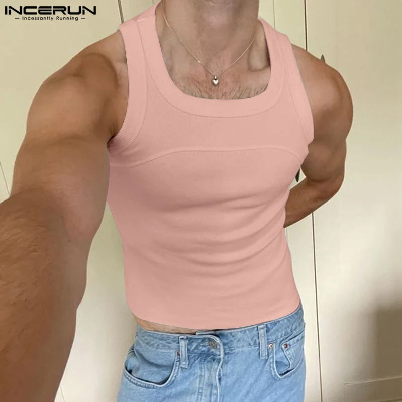 2024 männer Tank Tops Einfarbig Oansatz Ärmelloses Streetwear Fitness Casual Männlichen Westen Sommer Mode Crop Tops Männer S-5XL INCERUN