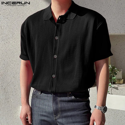 INCERUN Tops 2024 Korean Style Handsome New Men's Solid Knitted Shirts Casual Well Fitting Male Lapel Short Sleeved Blouse S-5XL