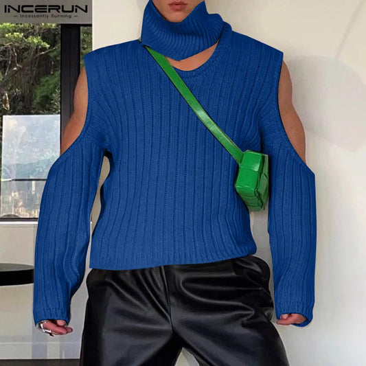 Fashion Casual Style Tops INCERUN Men's Deconstructive Design Texture Sweaters Male Solid High Neck Long Sleeved Pullovers S-5XL