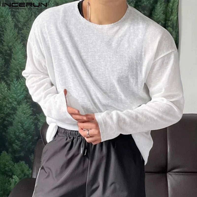 INCERUN Tops 2024 Korean Style Fashion Men's Texture Knitted T-shirt Casual Simple Solid Comfortable Long Sleeved Camiseta S-5XL