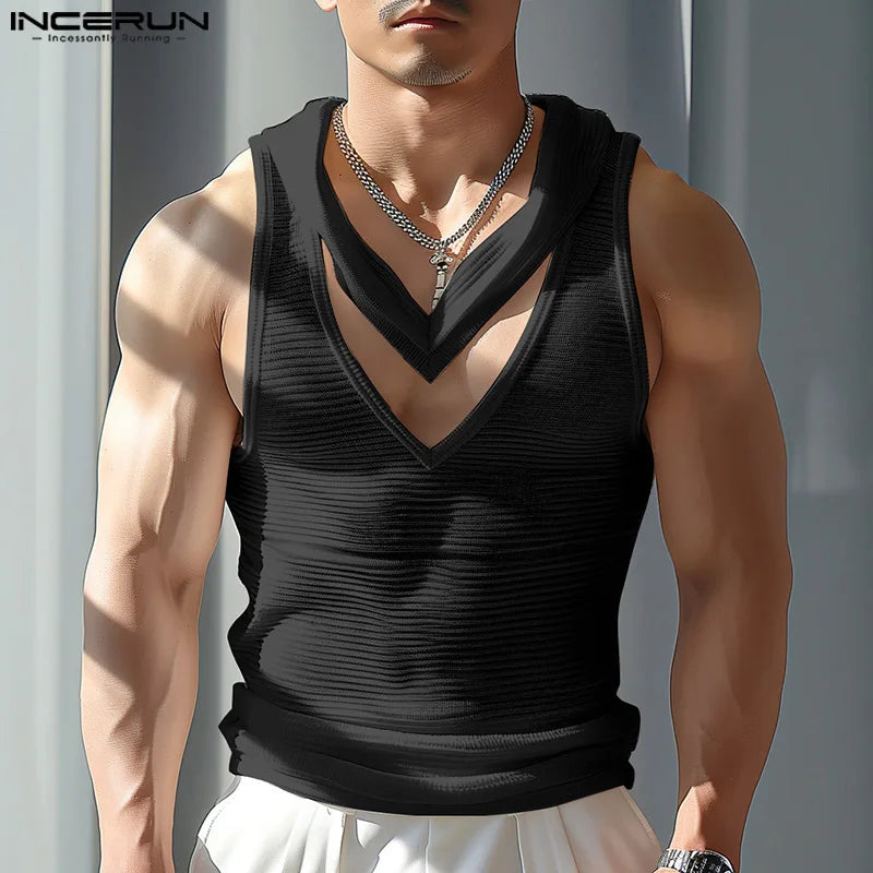 INCERUN Tops 2024 Mode Hommes Double Col En V Creux Conception Gilets Été Streetwear Vente Chaude Rayé Sans Manches Débardeurs S-5XL