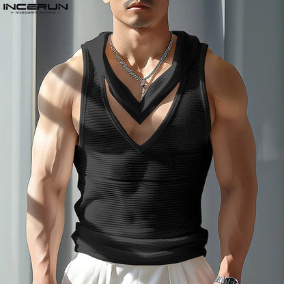 INCERUN Tops 2024 Mode Hommes Double Col En V Creux Conception Gilets Été Streetwear Vente Chaude Rayé Sans Manches Débardeurs S-5XL