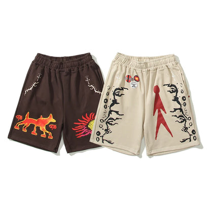 Cactus Jack Letter Graffiti Terry Summer Shorts Men and Women Drawstring Joggers Washed Oversized Casual Five-point Pants