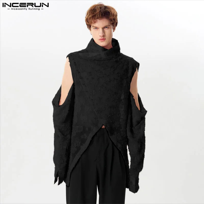 INCERUN Tops 2024 American Style Handsome New Mens Tassel Feather Jacquard Shirts Casual Irregular Hem Long Sleeved Blouse S-5XL