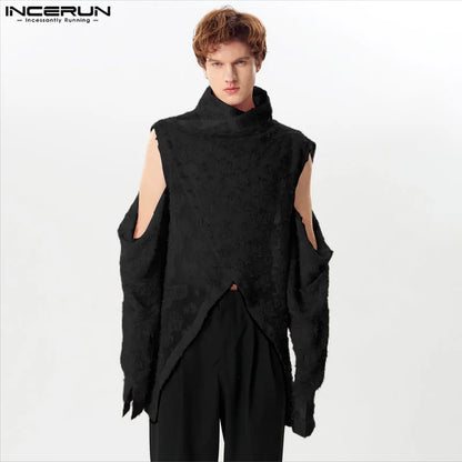 INCERUN Tops 2024 American Style Handsome New Mens Tassel Feather Jacquard Shirts Casual Irregular Hem Long Sleeved Blouse S-5XL