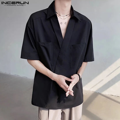 Stylish Well Fitting Tops INCERUN New Men's V-neck Pocket Design Solid Simple Blouse Casual Male Loose Short Sleeved Shirt S-5XL