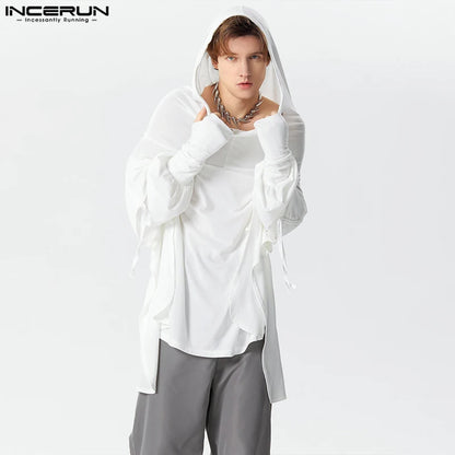 INCERUN Tops 2024 Style américain Mode Nouveau Hommes Dé à Coudre Sweats à Capuche Décontracté Solide Confortable Cordon À Manches Longues Sweat à Capuche S-5XL