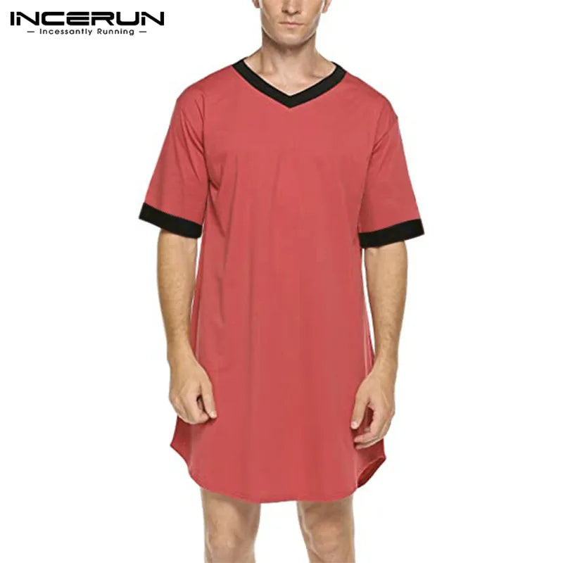 INCERUN New Men's Nightgown Fashion Patchwork Sleep Robe Solid Sleepwear Short Sleeve Bathrobe Loose V Neck Homewear S-5XL 2022