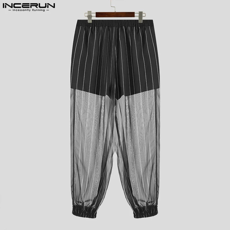 INCERUN 2024 Korean Style Trousers Fashion Men's Striped Perspective Pants Casual Party Shows Hot Sale Male Thin Pantalons S-5XL