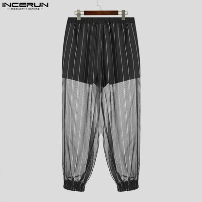 INCERUN 2024 Koreanische Stil Hosen Mode Für Männer Gestreiften Perspektive Hosen Casual Party Zeigt Heißer Verkauf Männlichen Dünne Pantalons S-5XL