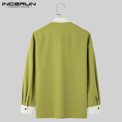 INCERUN Tops 2024 Korean Style Mens Collar Contrasting Color Pullover Shirts Leisure Personality Loose Long Sleeved Blouse S-5XL