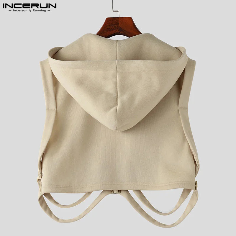 INCERUN Tops 2024 Korean Style New Men's Funny Bone Deconstruction Design Vests Leisure Streetwear Solid Hooded Waistcoat S-5XL