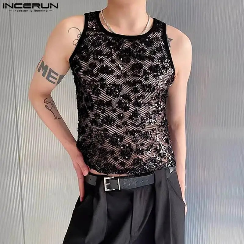 Stylish Sexy Style Tops INCERUN New Mens Mesh Hollow Sequin Glitter Fabric Vests Casual Clubwear Sleeveless Thin Tank Tops S-5XL