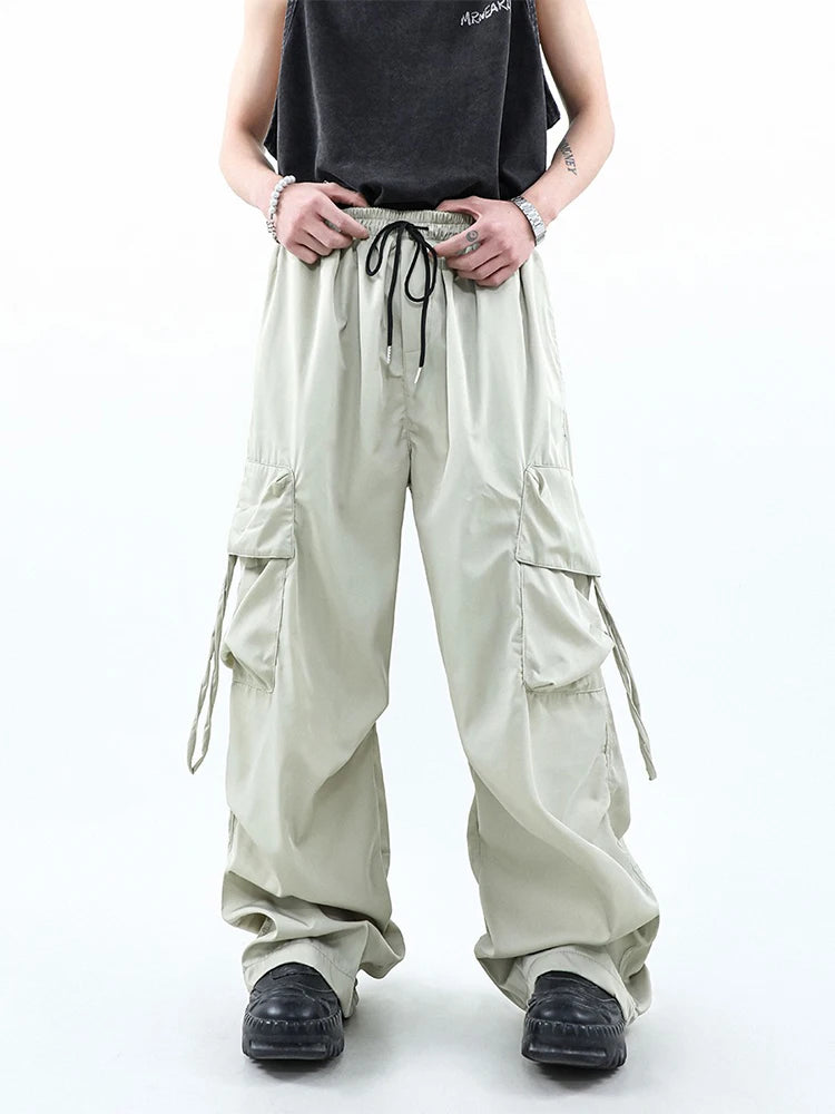 HOUZHOU Korean Parachute Cargo Pants Men Hip Hop Wide Leg Cargo Trousers Male Streetwear Loose Casual Men Clothing Safari Style