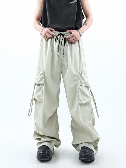 HOUZHOU Pantalon cargo en parachute coréen pour hommes, pantalon cargo à jambes larges, style hip-hop, streetwear, ample, décontracté, style safari