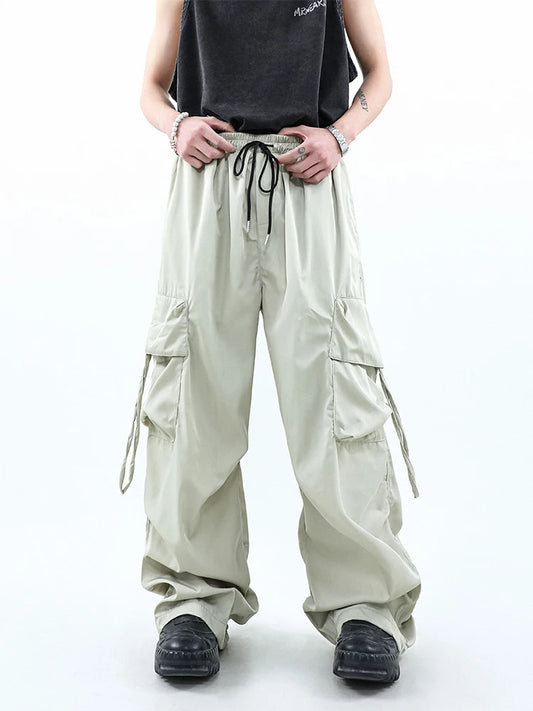 HOUZHOU Koreanische Fallschirm-Cargohose für Herren, Hip-Hop, Cargohose mit weitem Bein, Herren-Streetwear, lockere Freizeitkleidung für Herren, Safari-Stil