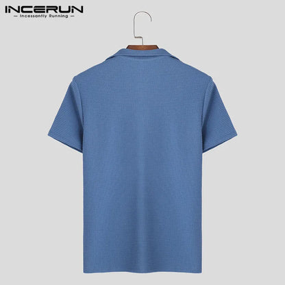 INCERUN Tops 2024 Style Coréen Mode Hommes Texture Profond V Conception T-shirts Décontracté Streetwear Manches Courtes Tricoté Camiseta S-5XL