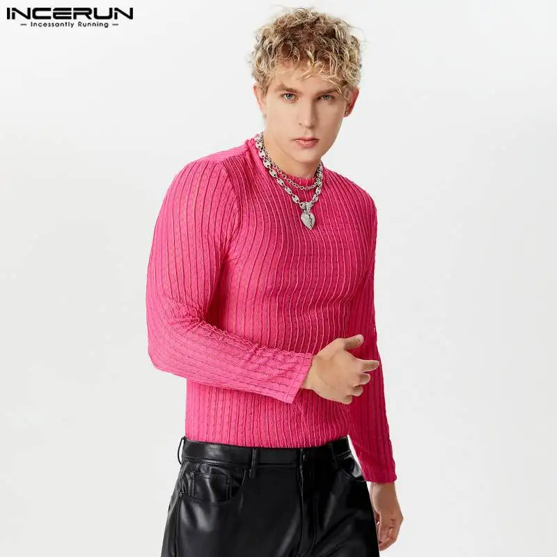 INCERUN Tops 2024 American Style Fashion New Men's Striped Mesh Perspective T-shirt Sexy Male O-neck Long Sleeved Camiseta S-5XL