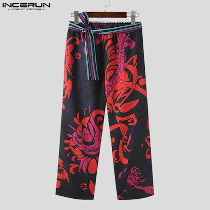 INCERUN 2024 American Style Trousers Fashion Men's Personality Floral Print Pant Casual Streetwear Hot Sale Belt Pantalons S-5XL