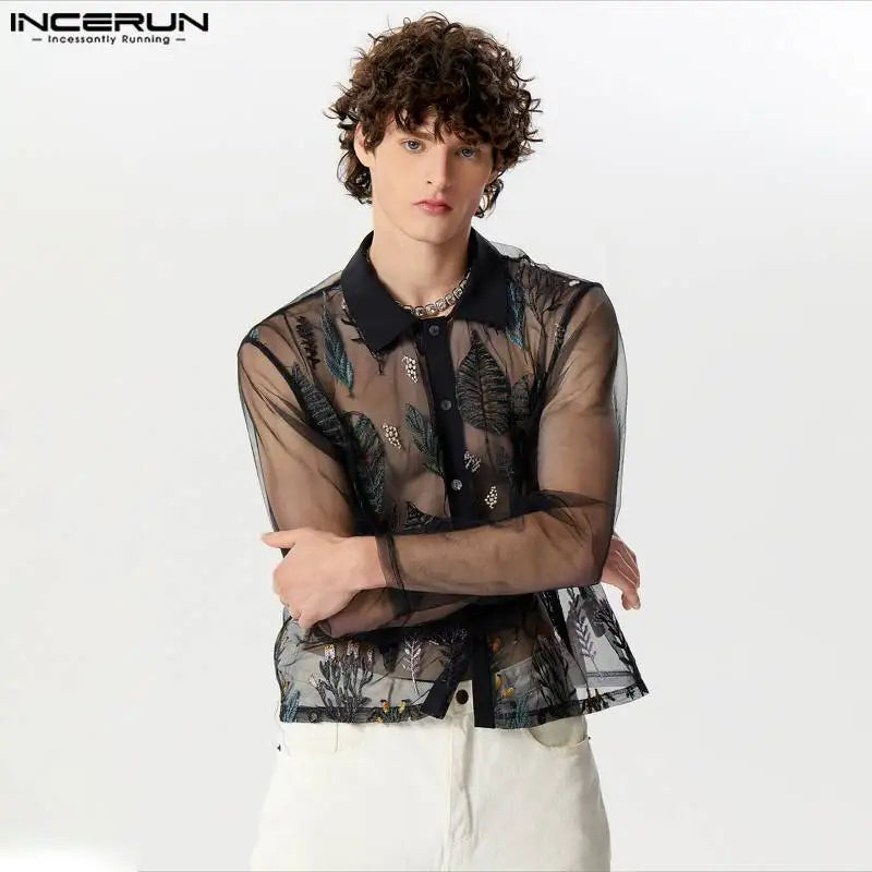 INCERUN Tops 2024 American Style Sexy New Men's Jacquard Perspective Design Shirts Casual Fashion Thin Long Sleeved Blouse S-5XL