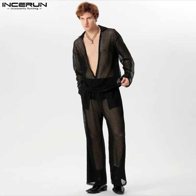 INCERUN 2024 Amerikanischen Stil Sexy männer Sets Spitze Hohl Tops Lange Hosen Casual Party Zeigt Männlichen Heißer Verkauf Anzug 2 stück S-5XL