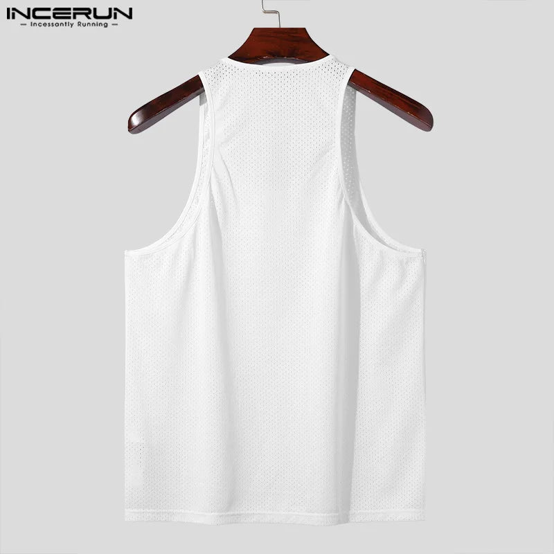 INCERUN Tops 2024 Korean Style New Men Mesh Fabric Thin Shoulder Strap Design Vests Fashion All-match Sleeveless Tank Tops S-5XL