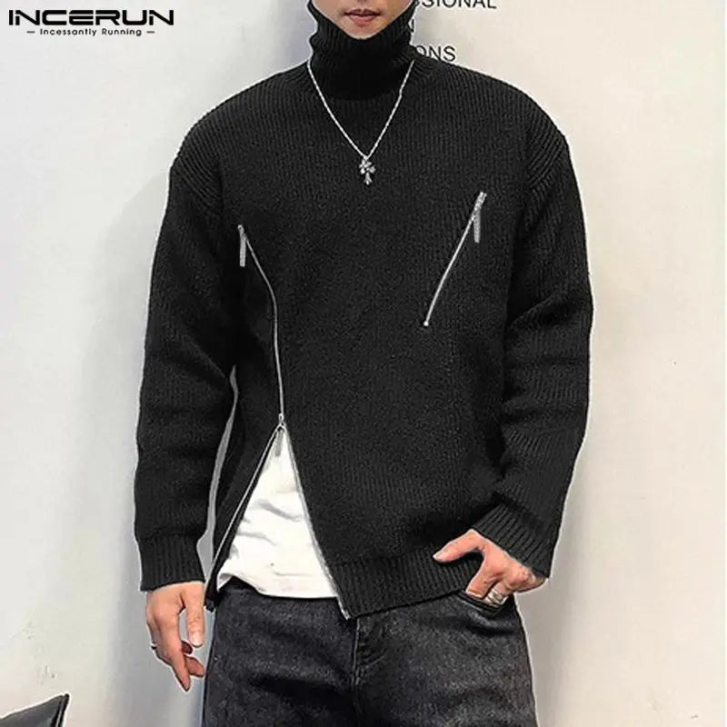 INCERUN Tops 2023 Korean Style Men's Knitted Zipper Design Pullovers Casual Solid All-match High Neck Long Sleeved Sweater S-5XL