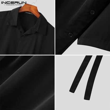 INCERUN Tops 2023 Korean Style Handsome Men's Casual Fashion Solid Blouse Male All-match Ribbon Short-sleeved Lapel Shirts S-5XL