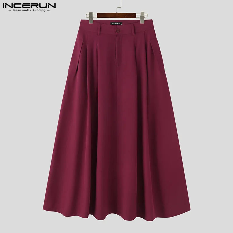 INCERUN 2023 Korean Style New Men's Simple Casual Solid Pantalons Party Nightclub Hot Sale All-match Wide Leg Skirts Pants S-5XL