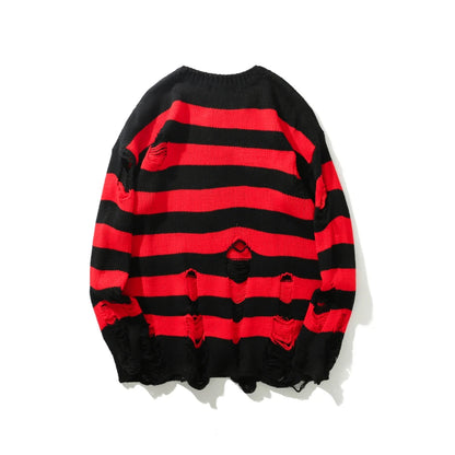 High Street Retro Punk Red and Black Stripes Autumn Sweater Men Loose Ripped Hole Tassel Pullover Round Neck Casual Clothes