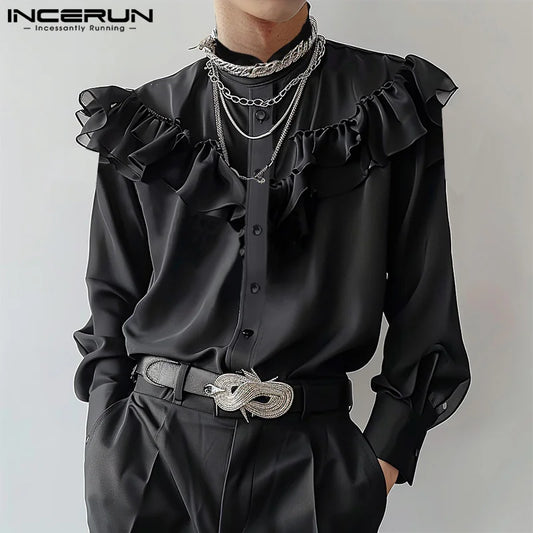 Fashion Well Fitting Tops INCERUN New Mens Ruffle Design Shirts Casual Party Shows Male Hot Sale Solid Long Sleeved Blouse S-5XL