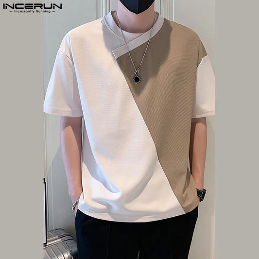 INCERUN Tops 2024 Koreanischen Stil Hübsche Männer Oansatz Unregelmäßigen Patchwork T-shirts Casual Streetwear Kurzarm Camiseta S-5XL