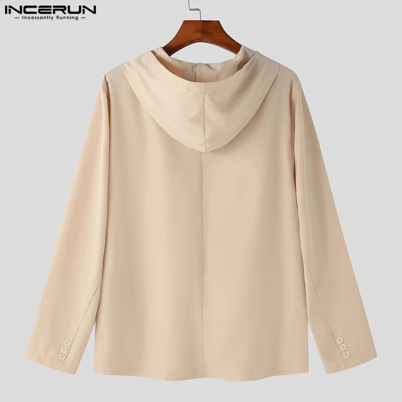 INCERUN Tops 2023 Koreanischen Stil Hübsche Männer Mit Kapuze Diagonal Knopfleiste Design Anzug Solide Alle-spiel Casual Street Männlichen Blazer S-5XL