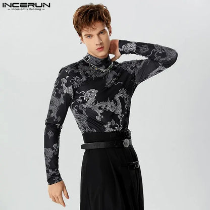 INCERUN Tops 2023 Style Américain Mode Hommes Rétro Dragon Totem Motif T-shirts Décontracté Personnalisé À Manches Longues Camiseta S-5XL