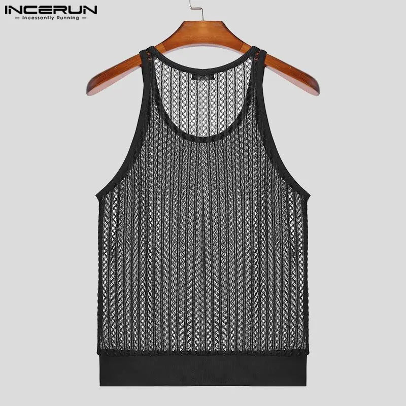 INCERUN Tops 2024 Style Américain Mode Nouveaux Hommes Creux Maille Perspective Gilets Sexy Mince Confortable Sans Manches Débardeurs S-5XL