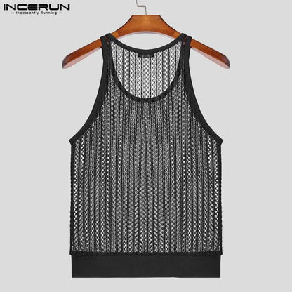 INCERUN Tops 2024 Style Américain Mode Nouveaux Hommes Creux Maille Perspective Gilets Sexy Mince Confortable Sans Manches Débardeurs S-5XL