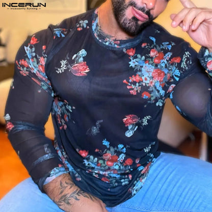 Hauts bien ajustés à la mode INCERUN Nouveaux hommes O-cou impression légèrement transparente Camiseta élégant à manches longues T-shirts S-5XL 2024