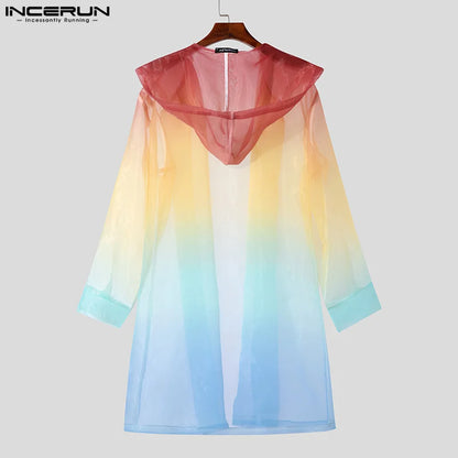 Handsome Well Fitting Tops INCERUN New Men's Gradient Mesh Hooded Cardigan Trench Casual Sexy Male Hot Selling Trench S-5XL 2023