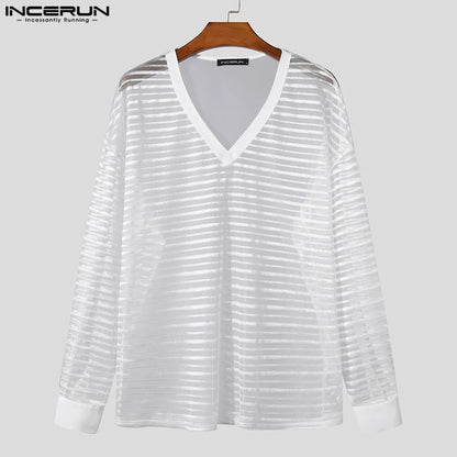 Mode Casual Style Tops INCERUN Herren Große V-Ausschnitt Streifen Perspektive T-Shirts Sommer Clubwear Dünne Langarm Camiseta S-5XL