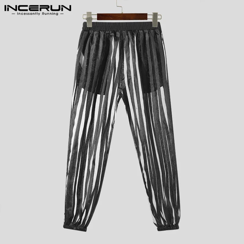 INCERUN 2024 American Style New Men Trousers Striped Mesh Transparent Long Pants Casual Streetwear Hot Sale Male Pantalons S-5XL