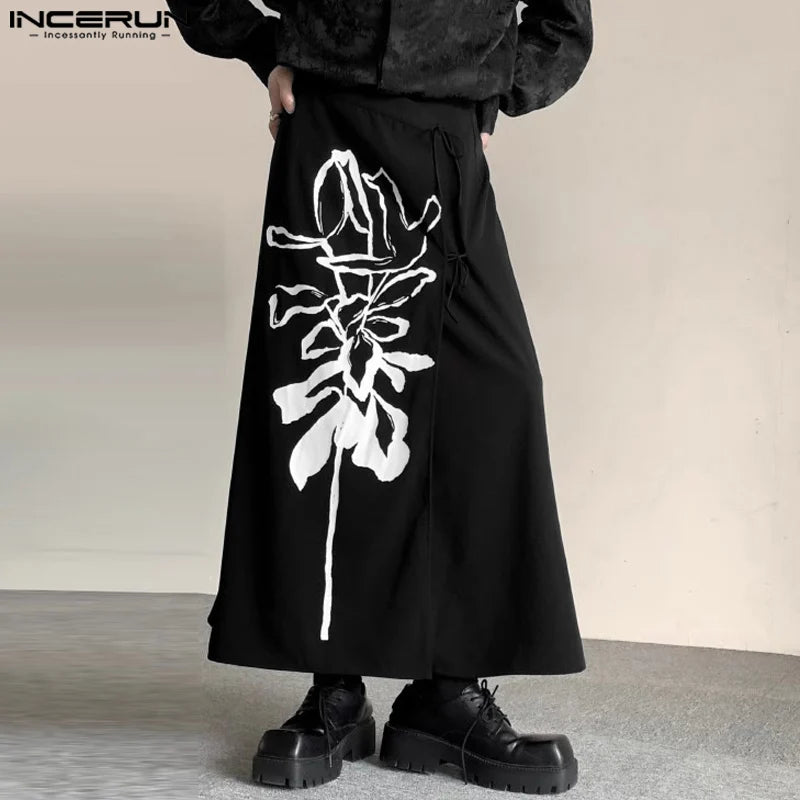 INCERUN 2024 Chinese Style Men's Personality Trousers Wrap Style Print Pantalons Casual Fashionable Male Half Skirts Pants S-5XL