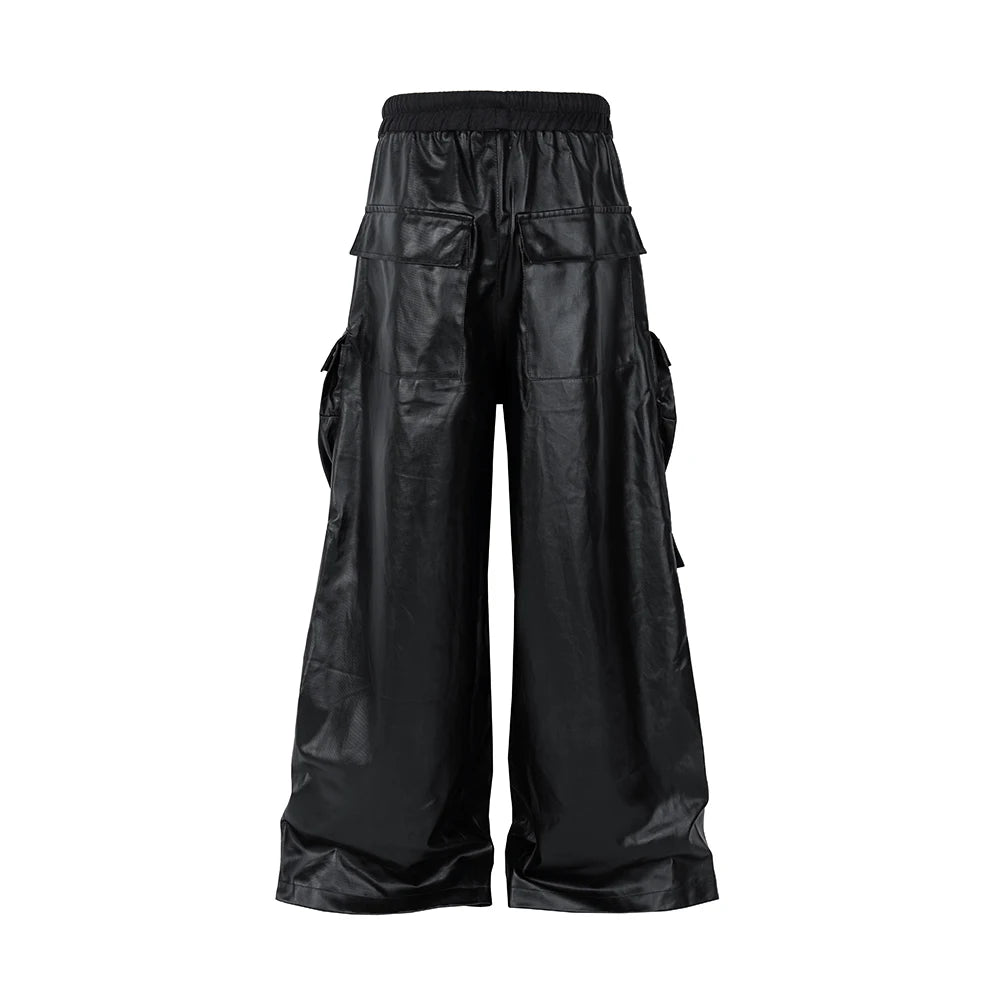 RO Style Matte PU Leather Pants for Men High Street Y2k Pantalones Hombre Baggy Overall Wide Leg Drawstring Cargo Pants