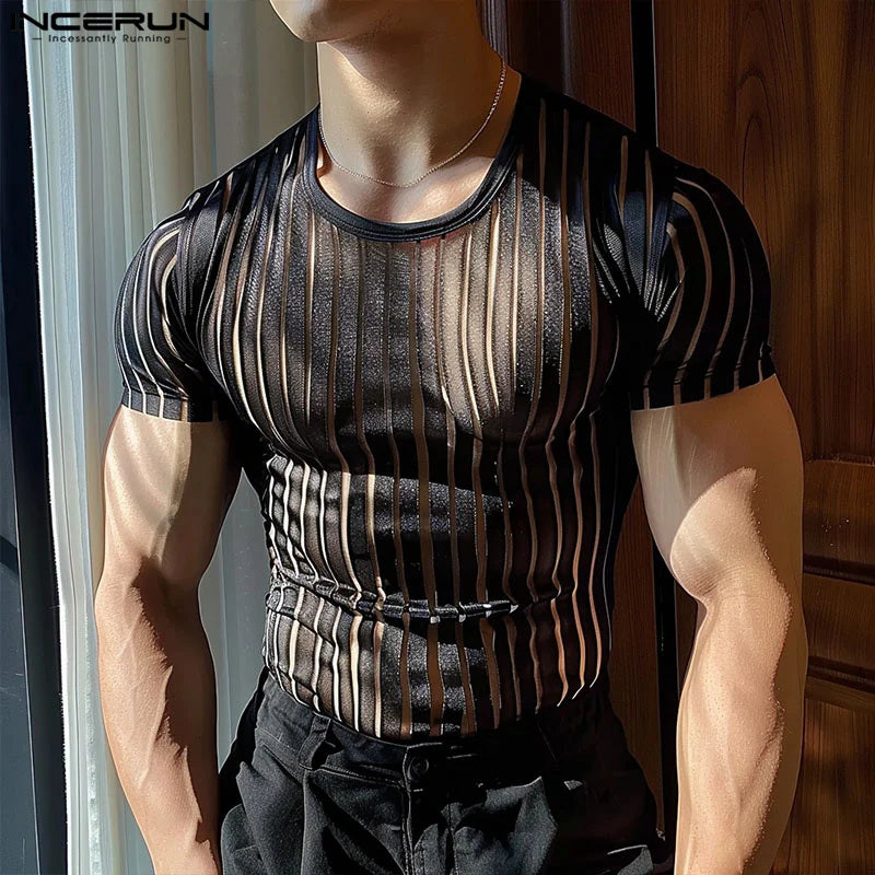 INCERUN Tops 2024 Sexy Men's Tight Striped See Through T-shirts Fashion Party Clubwear Thin O-neck Short Sleeved Camiseta S-5XL