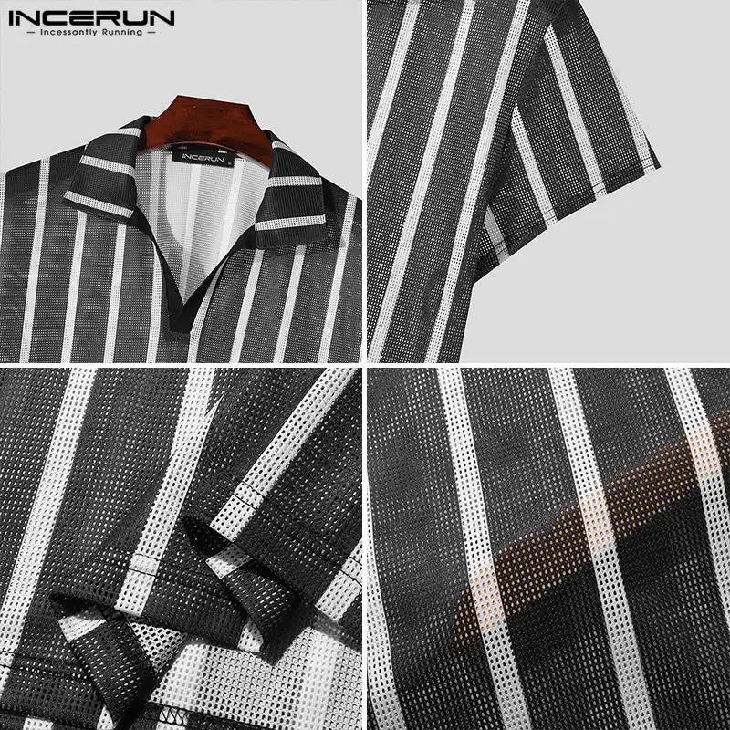 INCERUN Tops 2024 Amerikanischer Stil Gestreifte Mesh-Shirts für Herren Lässige Mode Leicht perspektivische Kurzarm-Reversbluse S-5XL