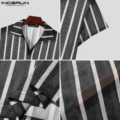 INCERUN Tops 2024 Amerikanischer Stil Gestreifte Mesh-Shirts für Herren Lässige Mode Leicht perspektivische Kurzarm-Reversbluse S-5XL