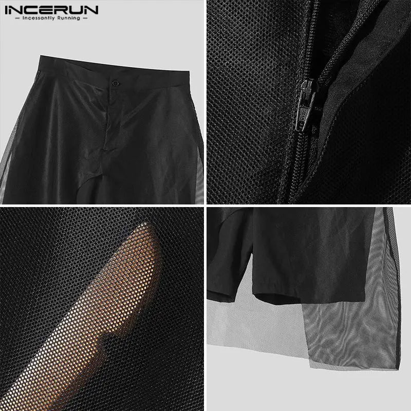 INCERUN 2024 American Style New Mens Shorts Fashionable Streetwear Fake Two-piece Design Shorts Mesh Splicing Solid Shorts S-5XL