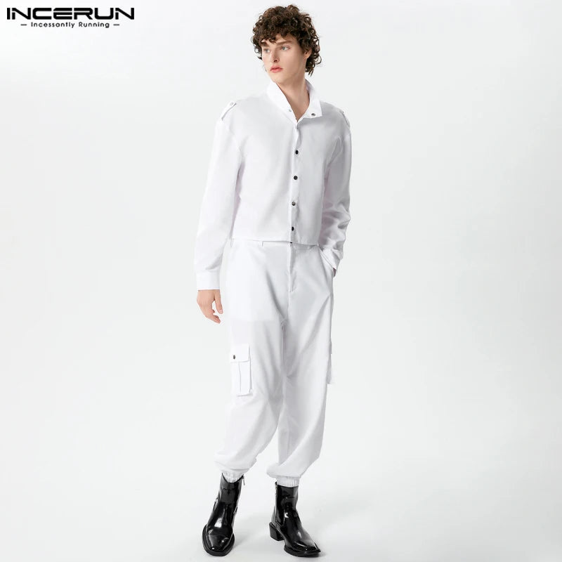 INCERUN 2024 Amerikanischen Stil Mode Herren Sets Solide Alle-spiel Langarm Hemden Bleistift Hosen Casual Street Anzug 2 Stück S-5XL