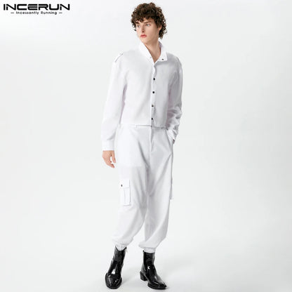 INCERUN 2024 Ensembles de mode de style américain pour hommes Chemises à manches longues solides tout-match Pantalon crayon Costume de rue décontracté 2 pièces S-5XL