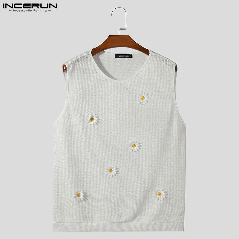 Fashion Well Fitting Tops INCERUN Men Mesh Spliced Flower Design Vests Summer Casual Male O-neck Sleeveless Tank Tops S-5XL 2024